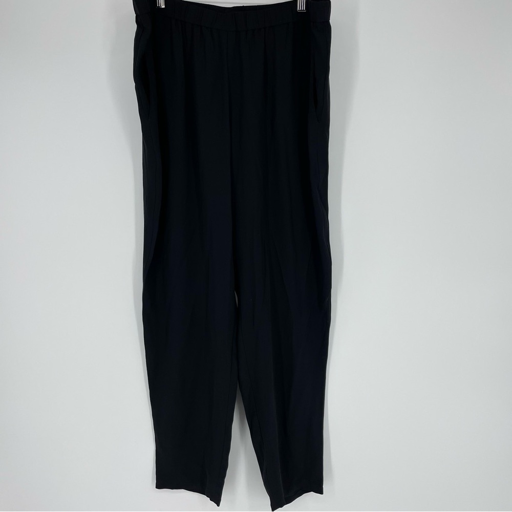 Eileen Fisher Silk Pants Womens large Black Wide Leg Pull On Crop Elastic